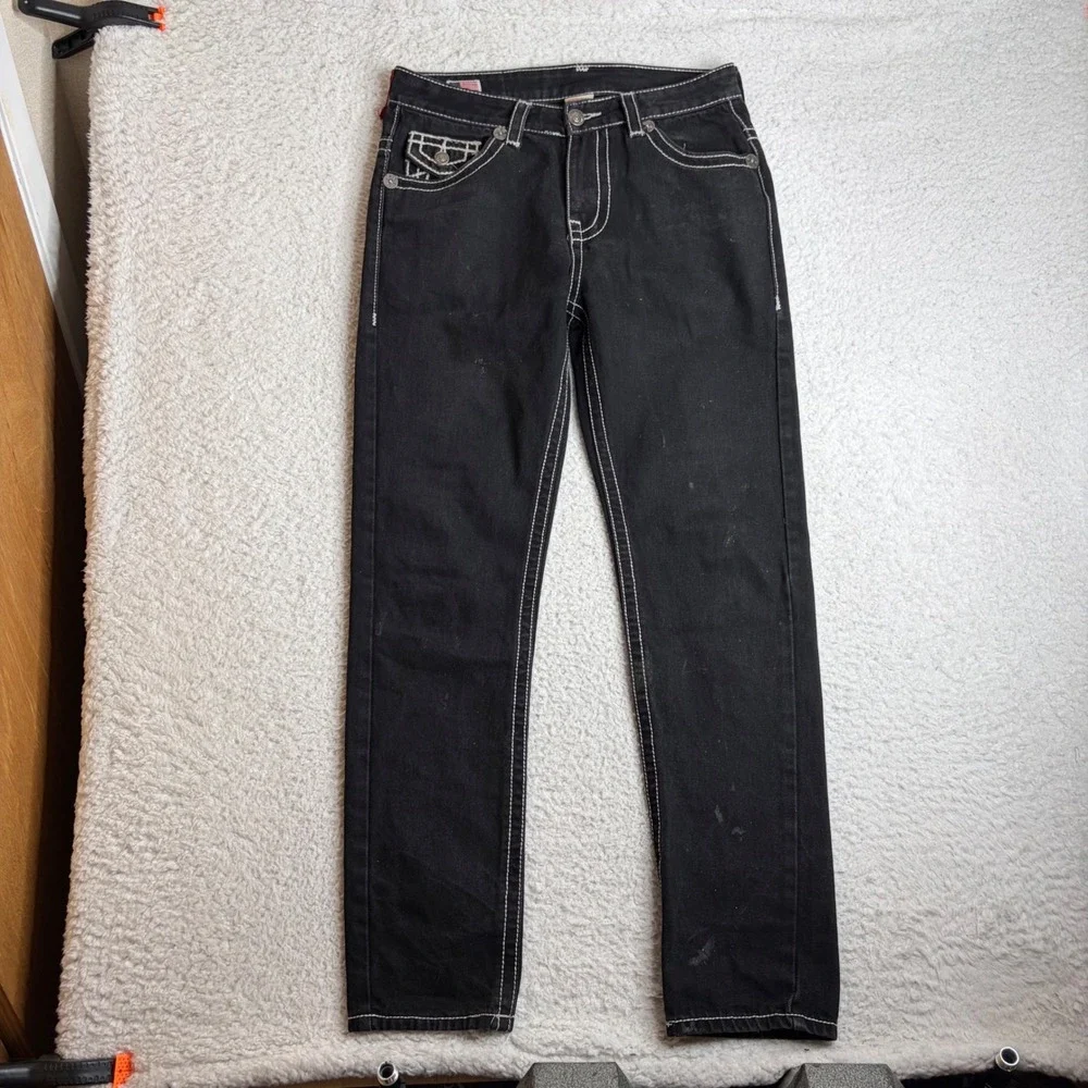 True Religion Joey Super T Black Jeans White Contrast Stitch Straight Leg 32